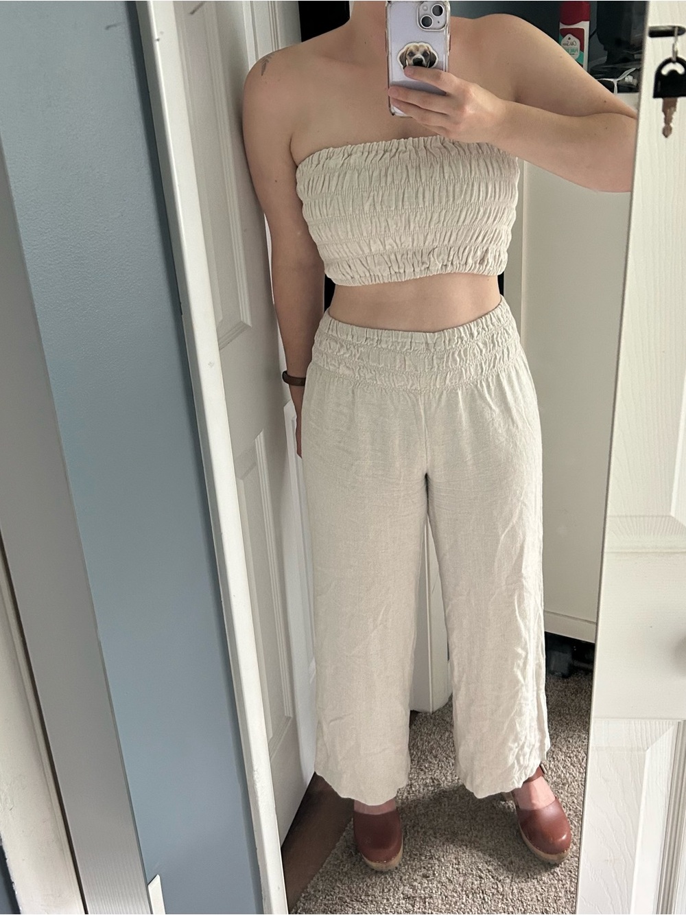 Papermoon Cream Smocked Strapless Crop Top with Wide-Leg Pants Set